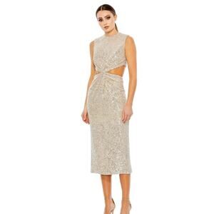 NWT Mac Duggal High-Neck Midi Sequin Party Dress Nude Size 6